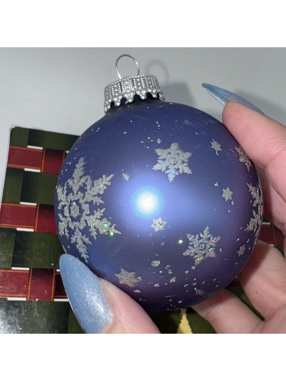 4 Vintage Christmas By Krebs Blue Glass Ball Ornament Silver Snowflake 2.5